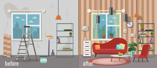 Living room before and after repair. Home interior renovation. Vector flat illustration.