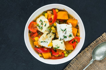 Fish stew with vegetables - top view