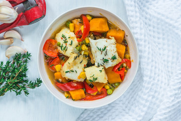 Fish stew with vegetables - top view