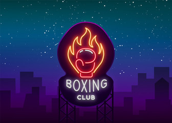 Boxing club logo in neon style, vector illustration. Emblem, neon sign, symbol for a sports facility on the topic of boxing. Neon banner, bright nightlife advertisement. Billboard