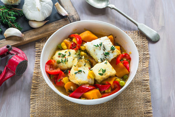 Fish stew with vegetables - high angle view