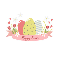 Card with Easter eggs, ribbon and flowers. Vector template.