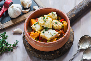 Fish stew with vegetables - high angle view