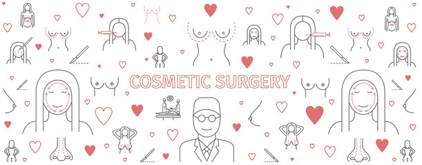 Line infographics Plastic Surgery, cosmetic surgery banner. Breast augmentation signs. Vector symbols