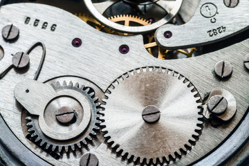 Mechanism of old mechanical watches. Selective focus.