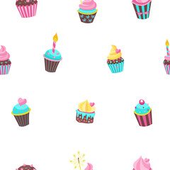Seamless pattern. Lovely birthday cakes with candles. For printing on textiles, paper.