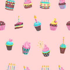 Seamless pattern. Lovely birthday cakes with candles. For printing on textiles, paper.