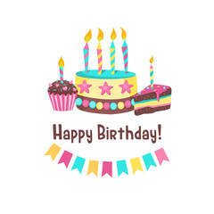 Happy birthday greeting card. Lovely birthday Cakes with candles.