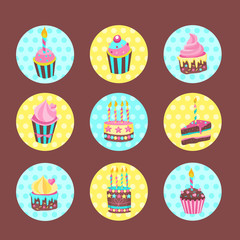 Set of vector stickers, tags.  Lovely birthday Cakes and cupcakes with candles.