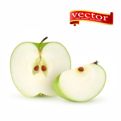 Highly realistic vector ripe juicy green apples with slices, natural texture. 