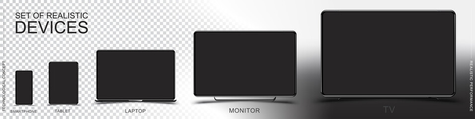 Set Mock-up of realistic devices. Smartphone, tablet, laptop, monitor and TV on a transparent and white background. Flat vector illustration EPS 10 - obrazy, fototapety, plakaty