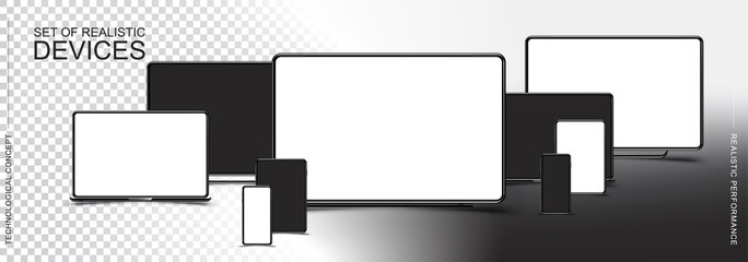 Set Mock-up of realistic devices. Smartphone, tablet, laptop, monitor and TV on a transparent and white background. Flat vector illustration EPS 10