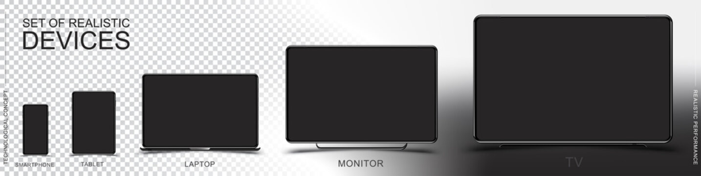 Set Mock-up Of Realistic Devices. Smartphone, Tablet, Laptop, Monitor And TV On A Transparent And White Background. Flat Vector Illustration EPS 10