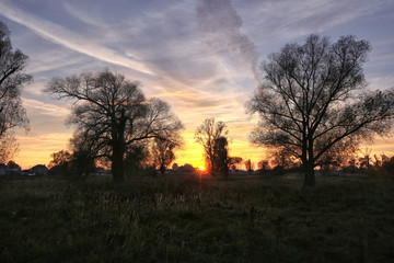 landscape cumulus clouds over the field in the sunset