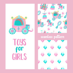 Seamless fabulous pattern on a white background. Seamless pattern with pink and blue diamonds. Fairytale castle, pink pony, Princess dress, pink Royal carriage, diamonds.
