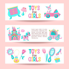 Set of banners. Toys and accessories for girls. In pink. Pink convertible, furniture, medieval castle, carriage, pony, flowers, mirrors, handbags, diamonds.