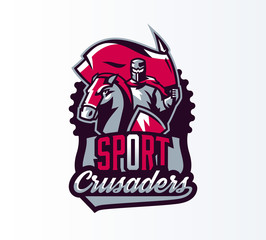 Emblem, logo, sticker, knight with flag on horseback. Crusader, swordsman, warrior, armor, banner, stallion. Shield, lettering, print. Vector illustration