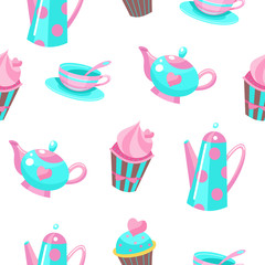 Seamless pattern on a white background. Tea utensils and a beautiful cake with cream.