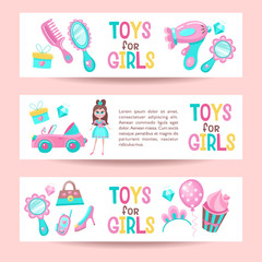 Set of banners. Toys for girls. In pink and blue color. Hair care set, convertible, pretty girl, mirror, shoes, handbag, diamond, tiara, cake.