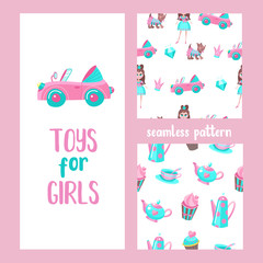Seamless pattern on a white background. The attributes of a beautiful life of the girl. A pink convertible, a little dog in a suit, diamonds, a Royal crown. Seamless pattern with tea utensils.