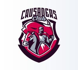 Emblem, logo, sticker, knight with flag on horseback. Crusader, swordsman, warrior, armor, banner, stallion. Shield, lettering, print. Vector illustration