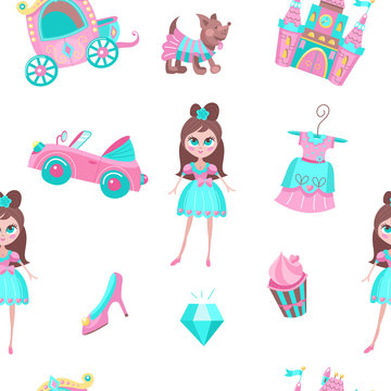 Seamless pattern on a white background. Beautiful baby girl Princess, little dog, pink convertible, a beautiful dress, a cake, a carriage, a medieval pink castle. Accessories for a beautiful life.