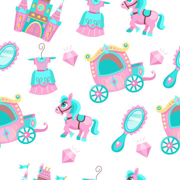 Seamless pattern on a white background. In pink and blue color. Fabulous accessories. Carriage for Princess, medieval castle, pink pony, diamonds, mirror in a beautiful frame, beautiful dress.