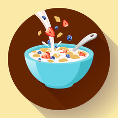 Vector breakfast cereal in bowl filled with milk and berries, flat cereal bowl icon. Breakfast icon. breakfast cereal in different flavors, breakfast icon