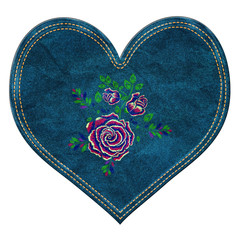 Jeans Heart with Rose Embroidery