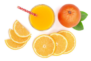 orange juice glass with slices of citrus and green leaves isolated on white background, top view. Flat lay pattern