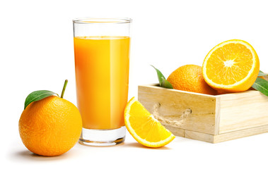 Glass of fresh orange juice on wooden table, Fresh fruits Orange juice in glass with group of orange on white background, Selective focus on glass, isolate white background