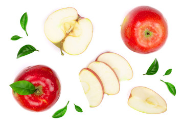 red apples with slices and leaves isolated on white background top view. Set or collection. Flat lay pattern