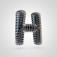 BDSM black latex letter H uppercase with chrome spikes isolated on white background