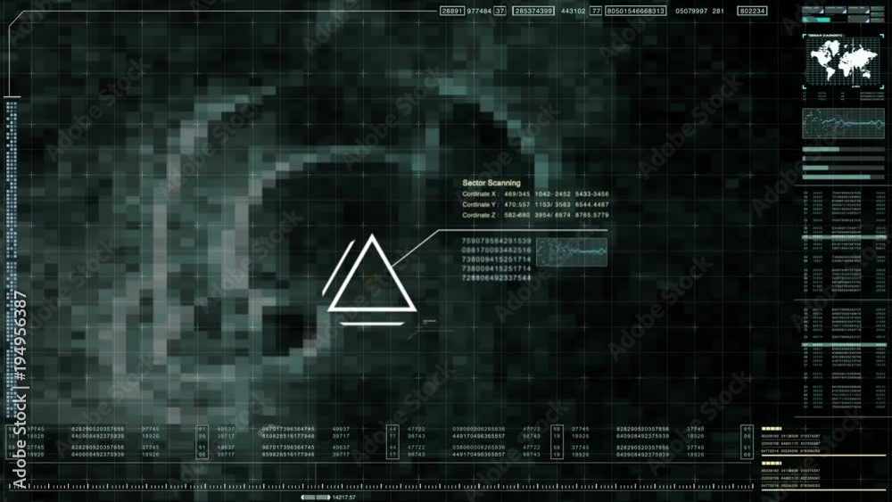 Poster Military head up display targeting and tracking enemy in digital cyber space particles background