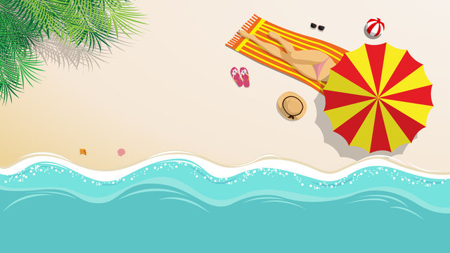 vector illustration. sexy girl in bikini sunbathing on the beach with beach umbrella and beach fashion accessory at tropical country in summer season. summer background concept