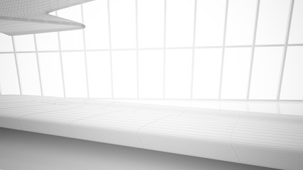 Obraz premium Abstract drawing white interior multilevel public space with window. 3D illustration and rendering.