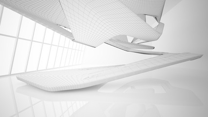 Abstract drawing white interior multilevel public space with window. 3D illustration and rendering.