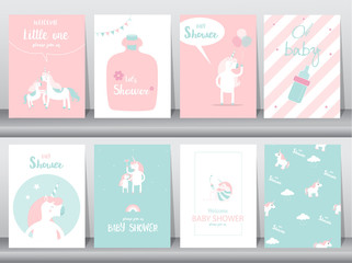Fototapeta na wymiar Set of baby shower invitations cards, poster, greeting, template, animals,unicorn,fantasy,birthday,happy,magic, Vector illustrations.
