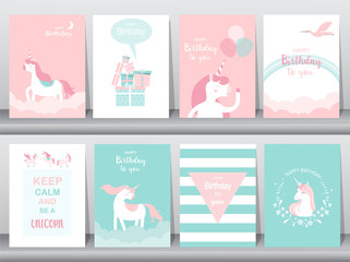 Set of birthday cards,poster,invitations, cards,template,greeting cards,animals,unicorn,fantasy,magic,cloud,Vector illustrations
