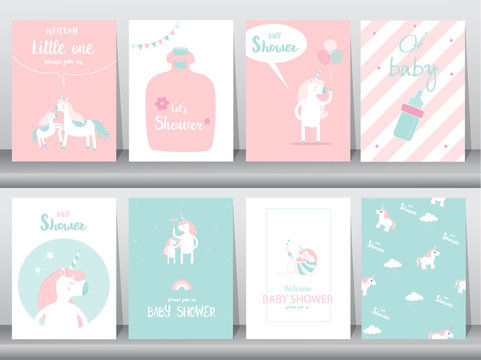 Set of baby shower invitations cards, poster, greeting, template, animals,unicorn,fantasy,birthday,happy,magic, Vector illustrations.