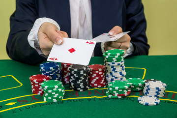 Naklejka premium Woman hands give one ace, close up