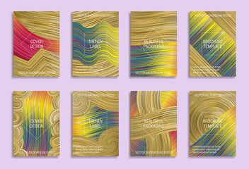 Colorful abstract backgrounds for cover design. Trendy labels for beautiful packaging. Bright saturated brochure templates.