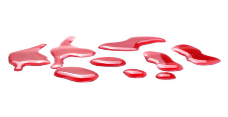 Red wine puddle, droplets isolated on white background, clipping path