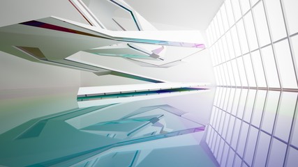 Abstract white and colored gradient glasses interior multilevel public space with window. 3D illustration and rendering.