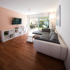 Living room with window and garden view.
