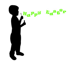 Easter card with boy blowing Happy Easter of letters silhouette, one in the series of similar images