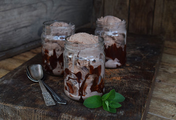 Homemade Organic Coffee Ice Cream with Black Chocolate and Mint in Jar on wooden background. Copy space