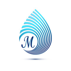 Logo with stripes in the form of a drop with letter M. Vector illustration.