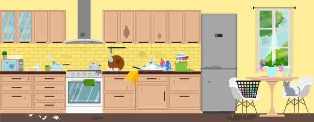 Dirty kitchen. Disorder in the interior. Vector flat illustration.