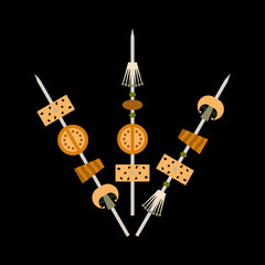 Various shish kebabs on skewers with mushroom, tomato, olive, meat and cheese on black background